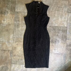 almost famous y2k black v neck collared lace zip up midi dress size small early